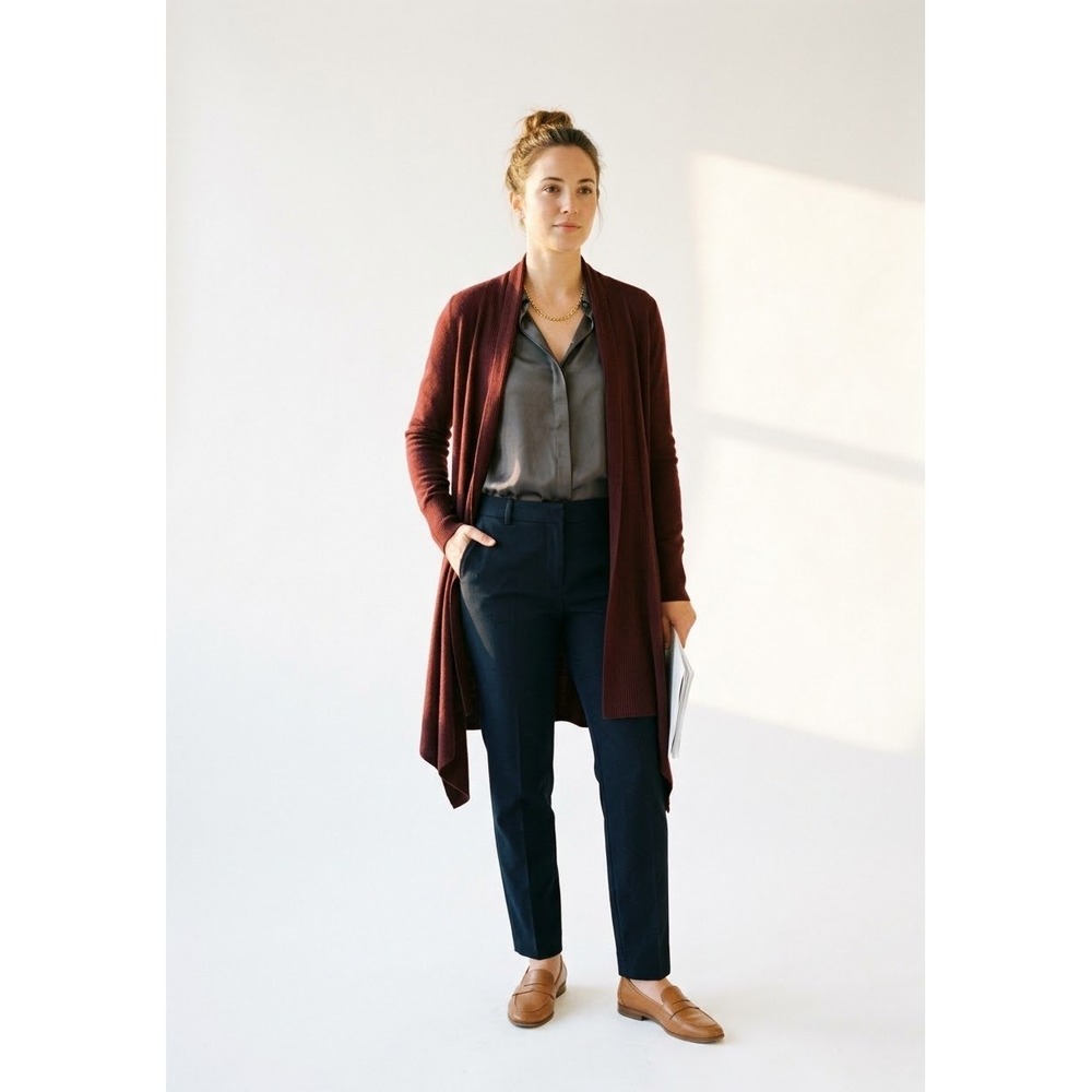Elie Tahari Burgundy Ribbed Draped Open Front Waterfall Cardigan S Office Wear